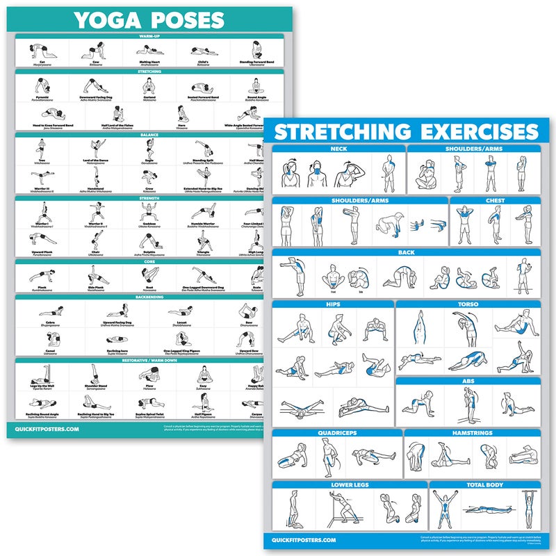 Palace Learning QUICKFIT Yoga Poses and Stretching Exercise Poster Set - Laminated 2 Chart Set - Yoga Positions & Stretching Workouts (18" x 24") - Image 1